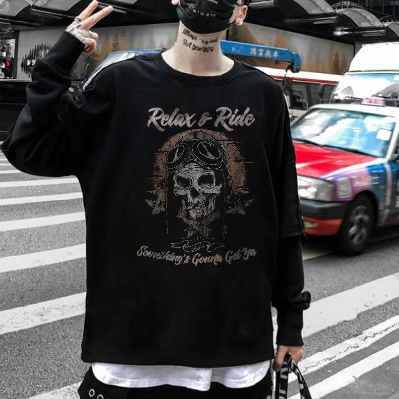 RELAX & RIDE Skull with Goggles Vintage Style Black Print Sweatshirt