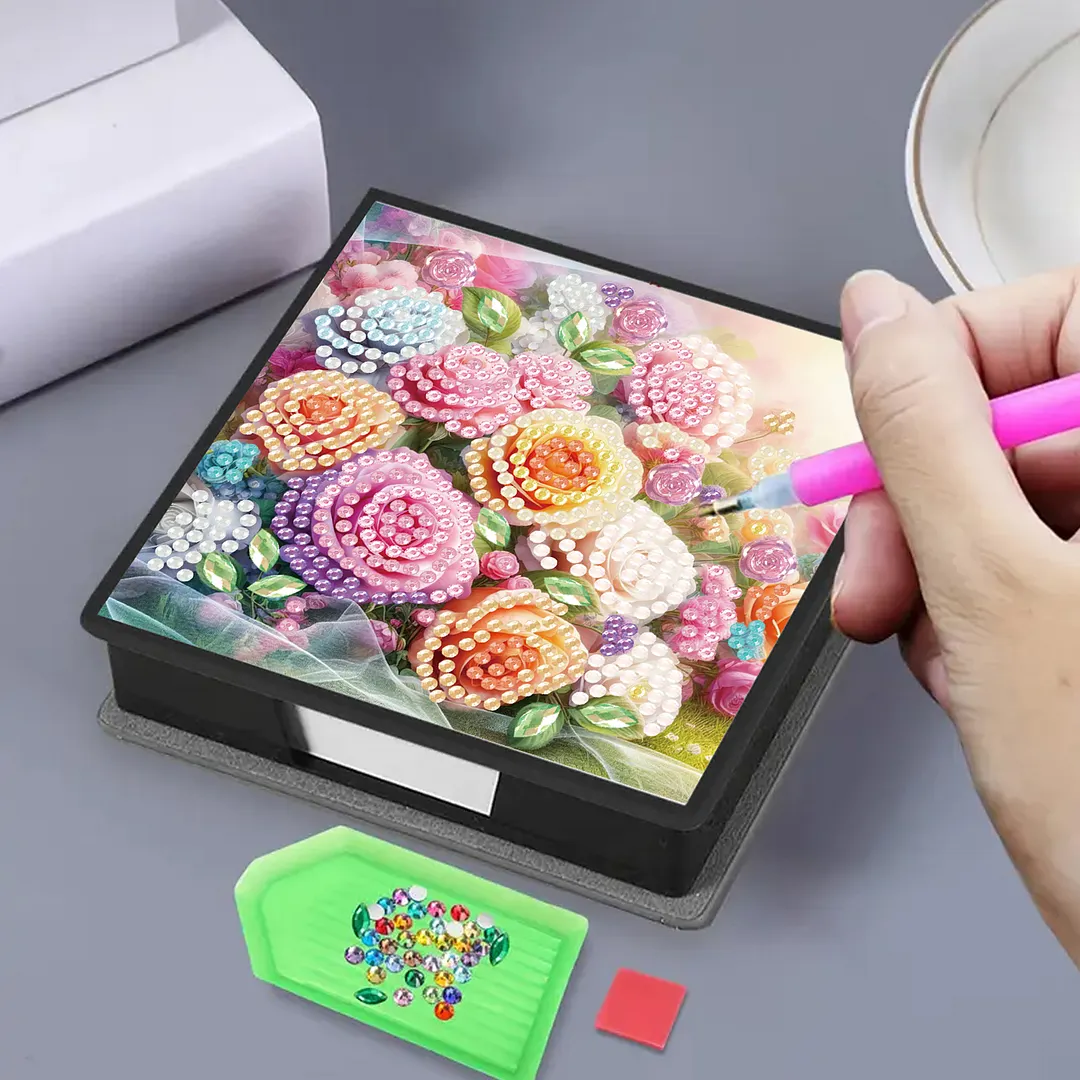 Rose PU DIY 5D Diamond Painting Note Box w/160 Sheets for Office Home School
