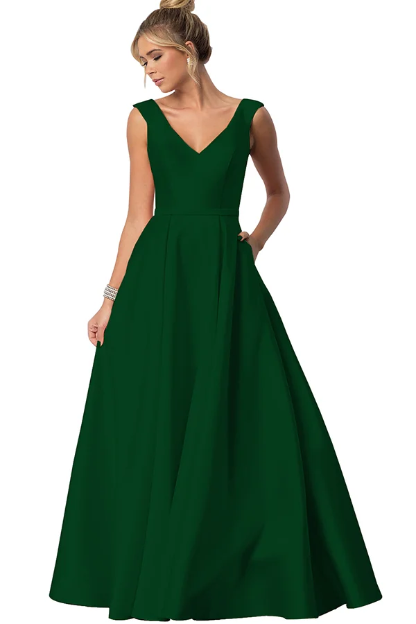 V-Neck Sleeveless Bridesmaid Dress With Pockets HD62