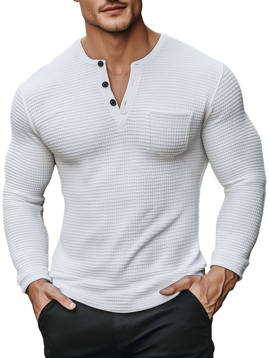 Men's Henley Neck Single Pocket Waffle Long Sleeve T-Shirt
