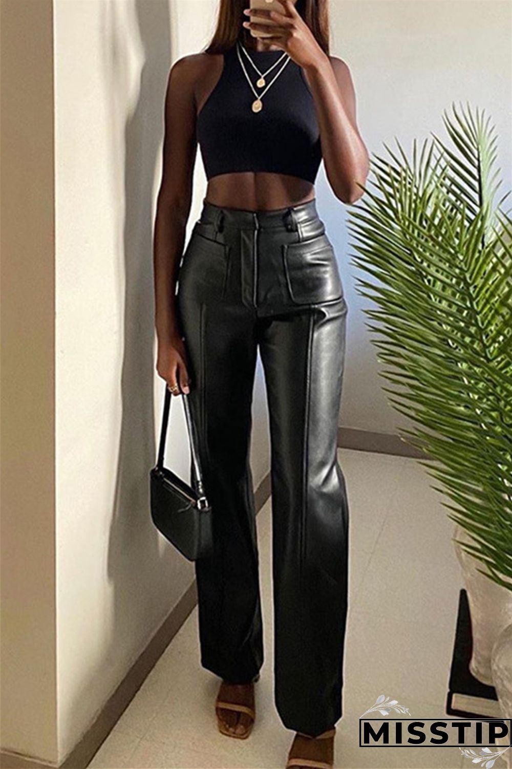 Black Fashion Casual Solid Patchwork Regular High Waist Trousers