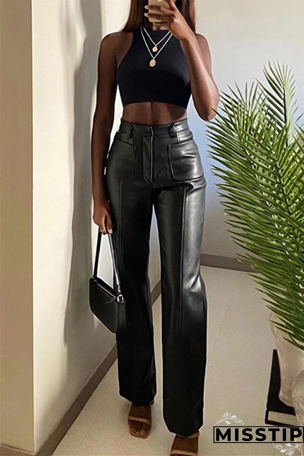Black Fashion Casual Solid Patchwork Regular High Waist Trousers