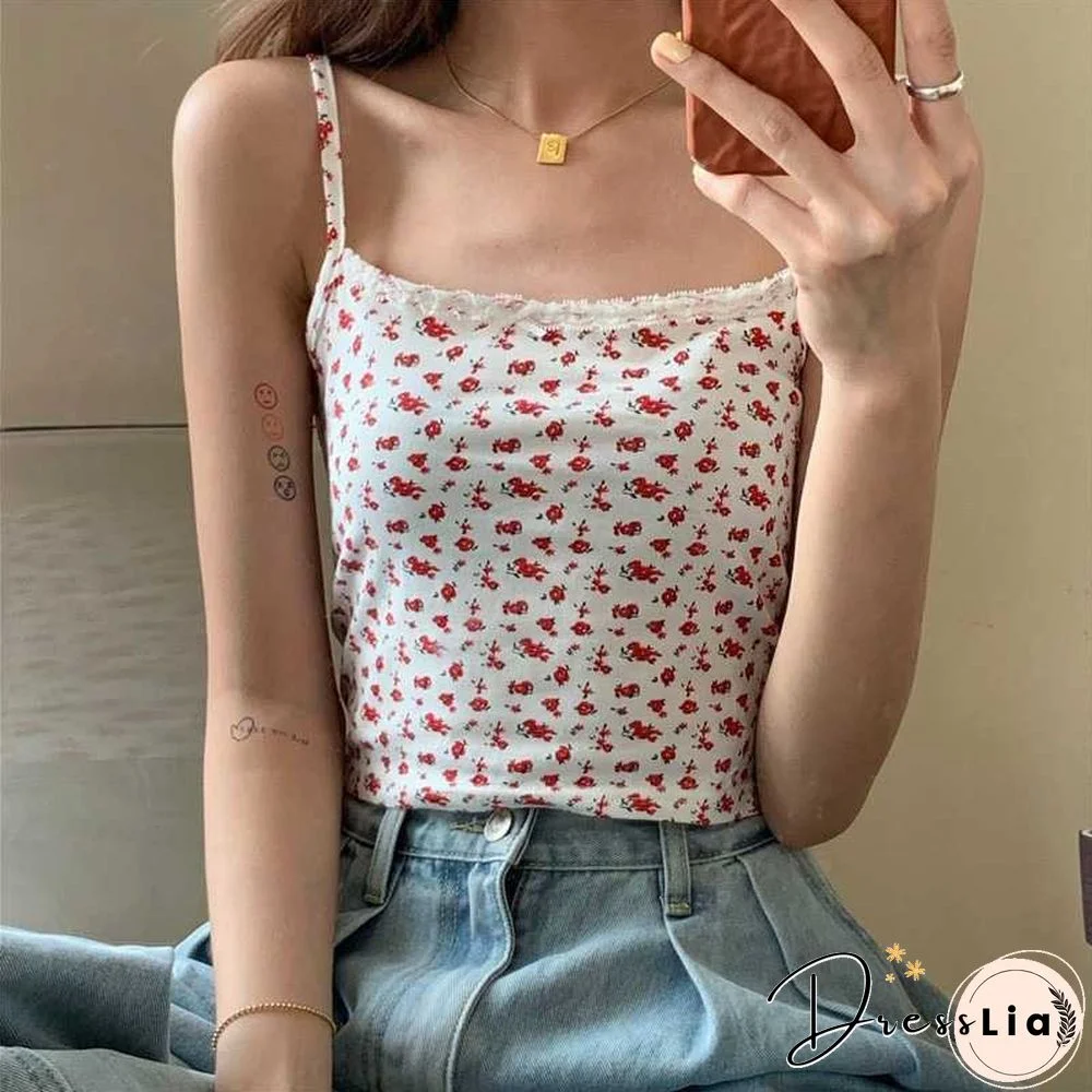 Ribbed Knit Flower Prints Cropped Cami Tops Lace Trim Tank