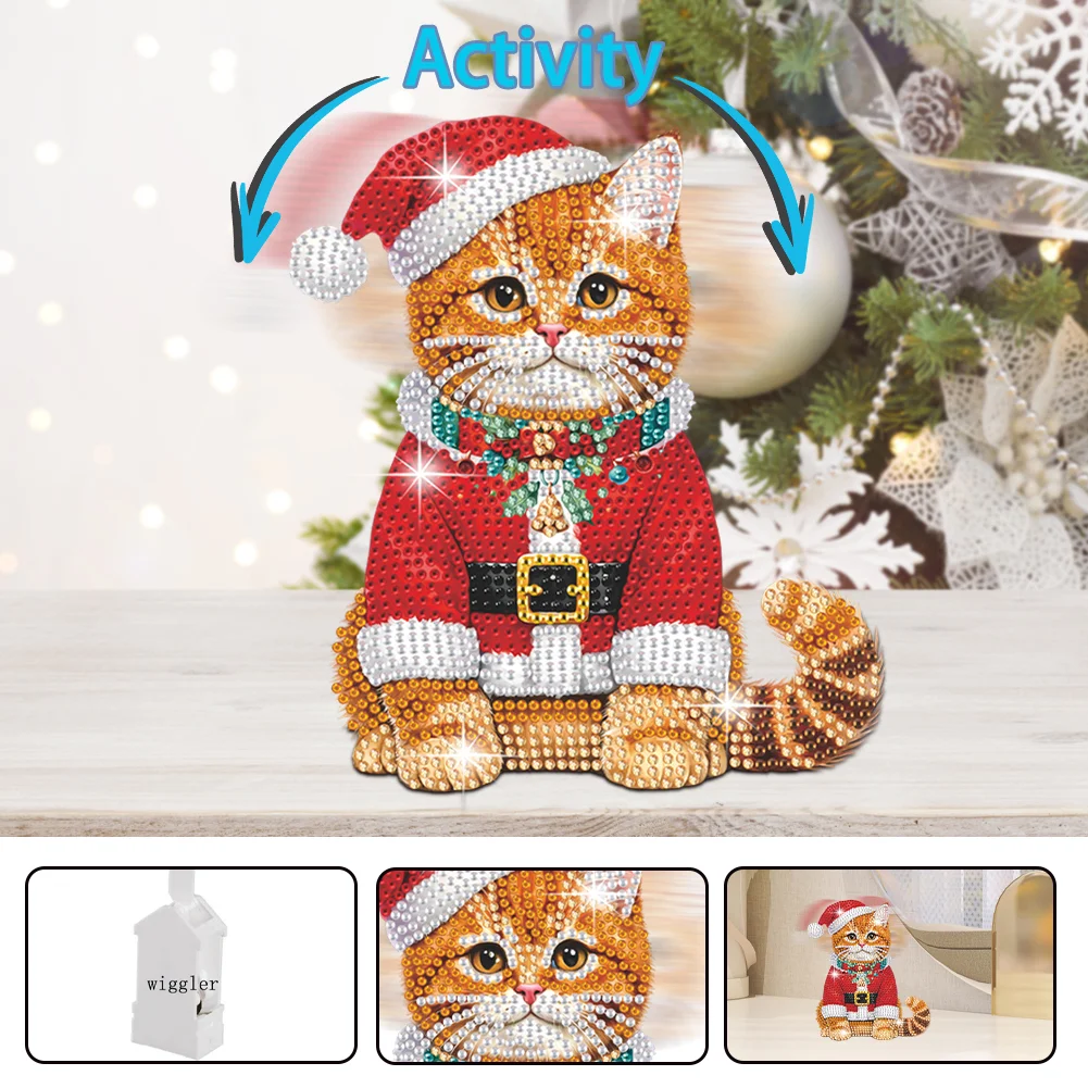 DIY Xmas Orange Cat Acrylic Shaking Head Desktop Diamond Painting Art Kits for Kids