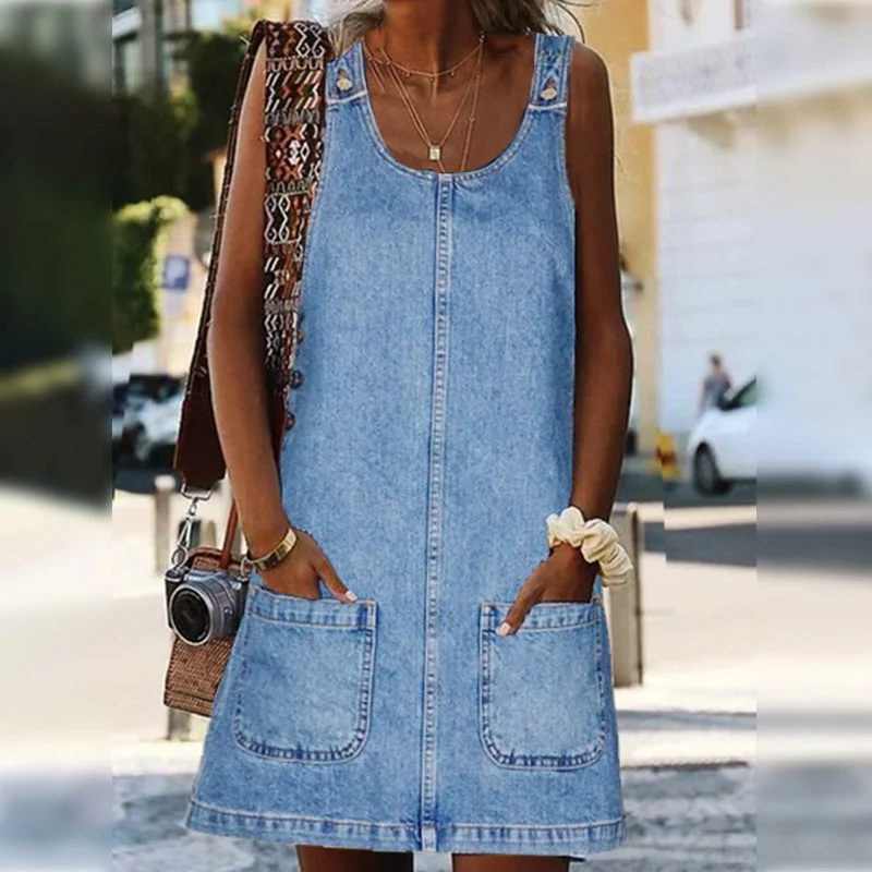 Loosen Plain  Casual Sleeveless Denim Shorts Tunic Dress