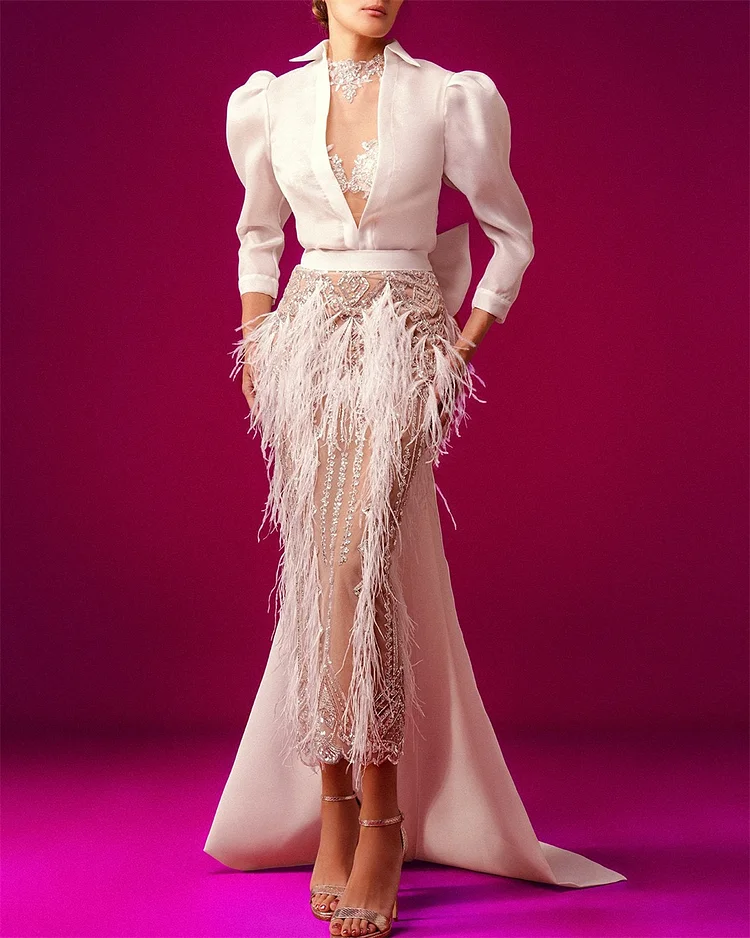 Women's White Lapel Lace Feather Dress - 01