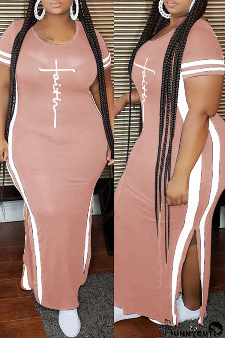 Pink Fashion Casual Plus Size Print Slit O Neck Short Sleeve Dress