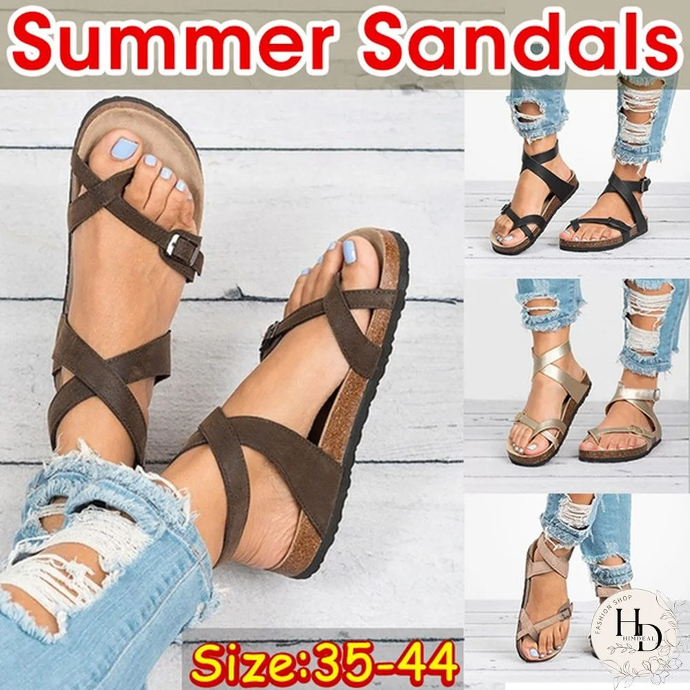 Fashion Cork Sandals Women Summer Buckle Strap Solid Beach Slipper Flip Flops Sandals Flat Shoes Plus Size 35-44