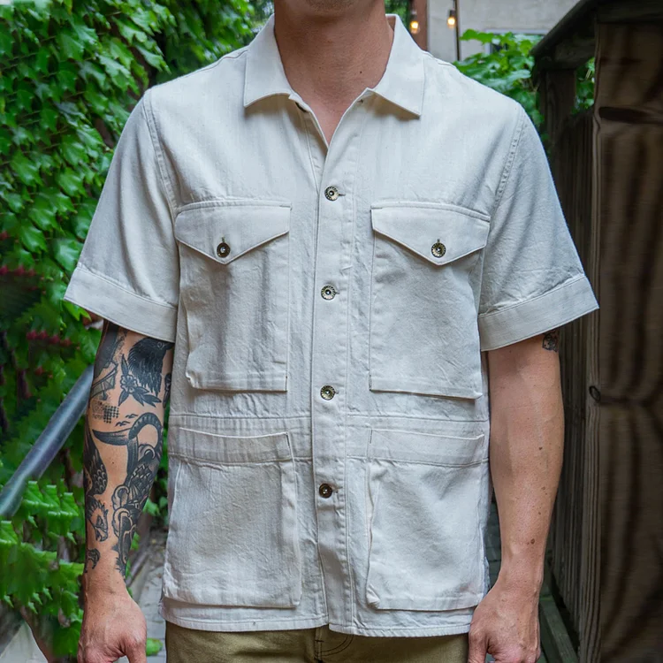 Retro Western Off-White Multi-Pocket Short Sleeve Shirt