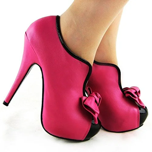 Hot Pink Vintage Heels Platform Pumps with Bow |FSJ Shoes