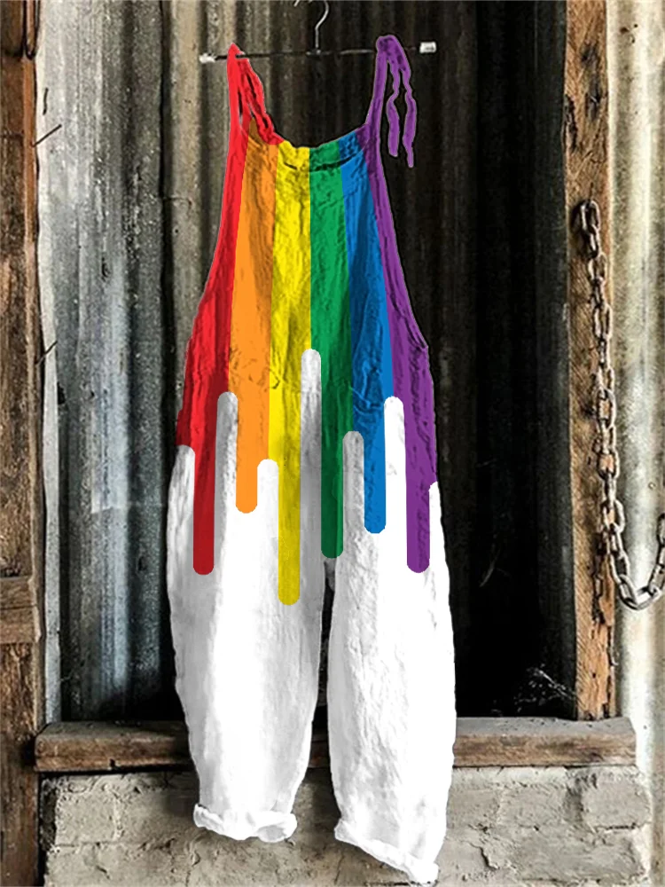 VChics Pride Month Rainbow Print Linen Blend Casual Jumpsuit