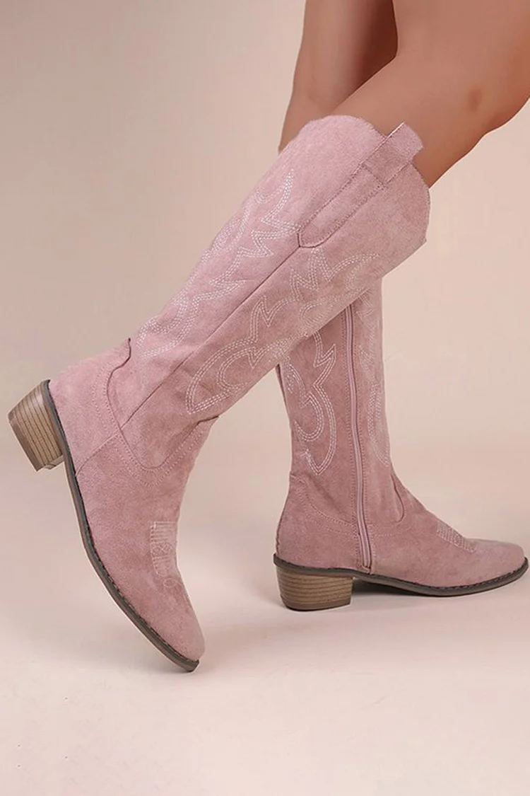 Vintage Khaki Embroidered Pointed Toe V-Cut Boots 2024 - Xpluswear