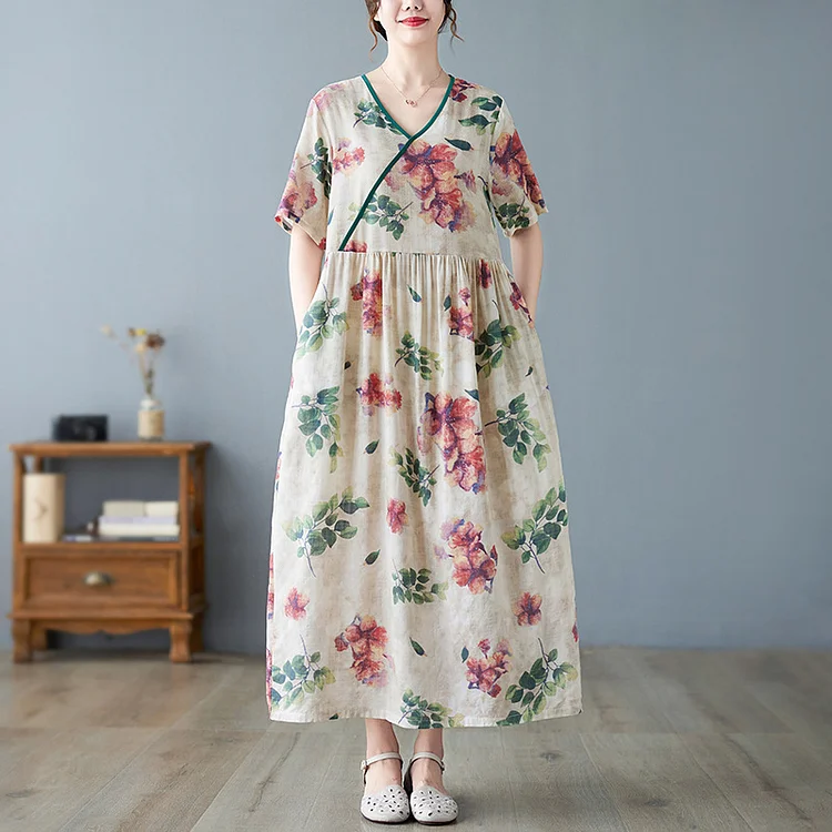 Vintage Print V-Neck Short Sleeve Midi Dress