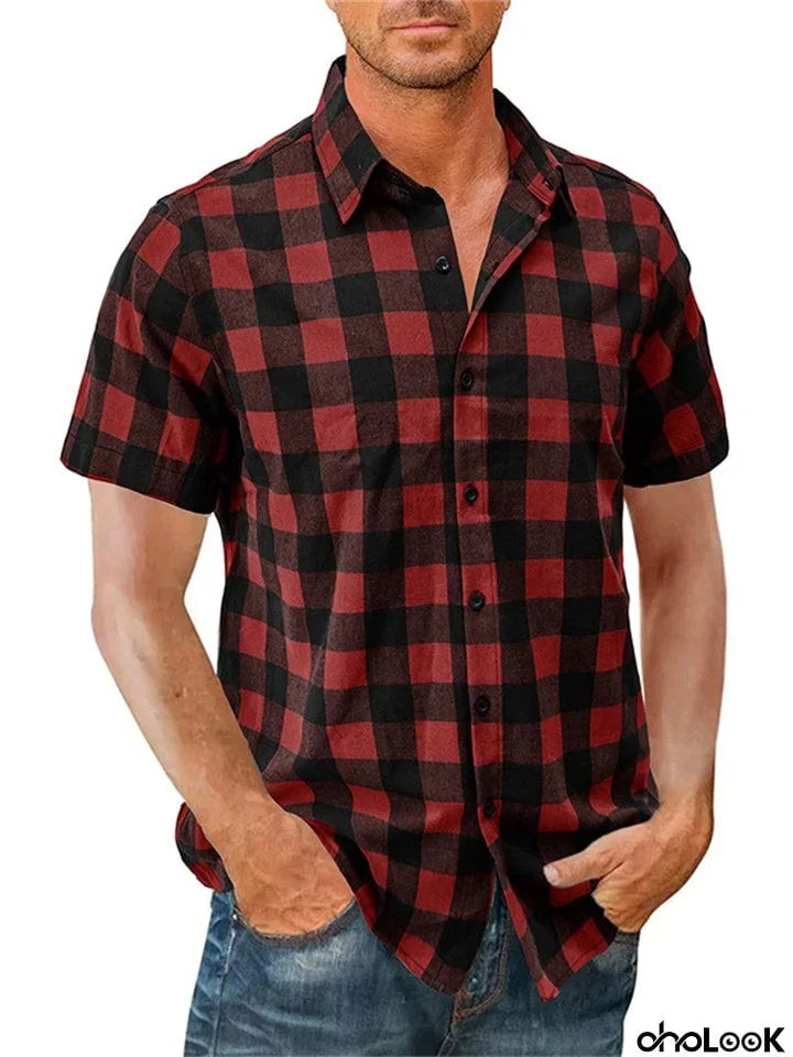 Hawaii Summer Short Sleeve Classic Plaid Lapel Shirt for Men