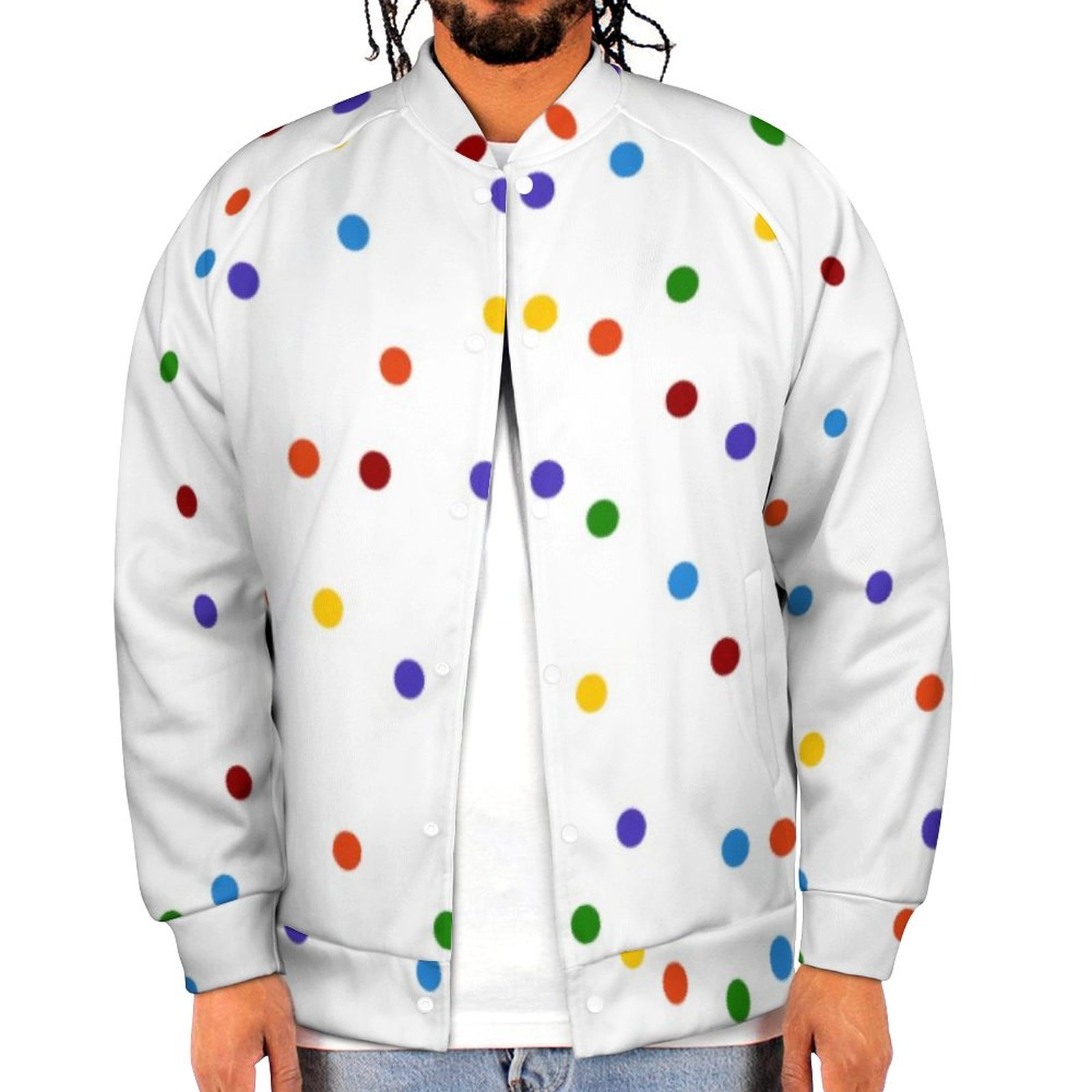 Rainbow Dots Polka Dot Confetti White Mens Baseball Jacket Guys Graphic Print Varsity Streetwear Coats