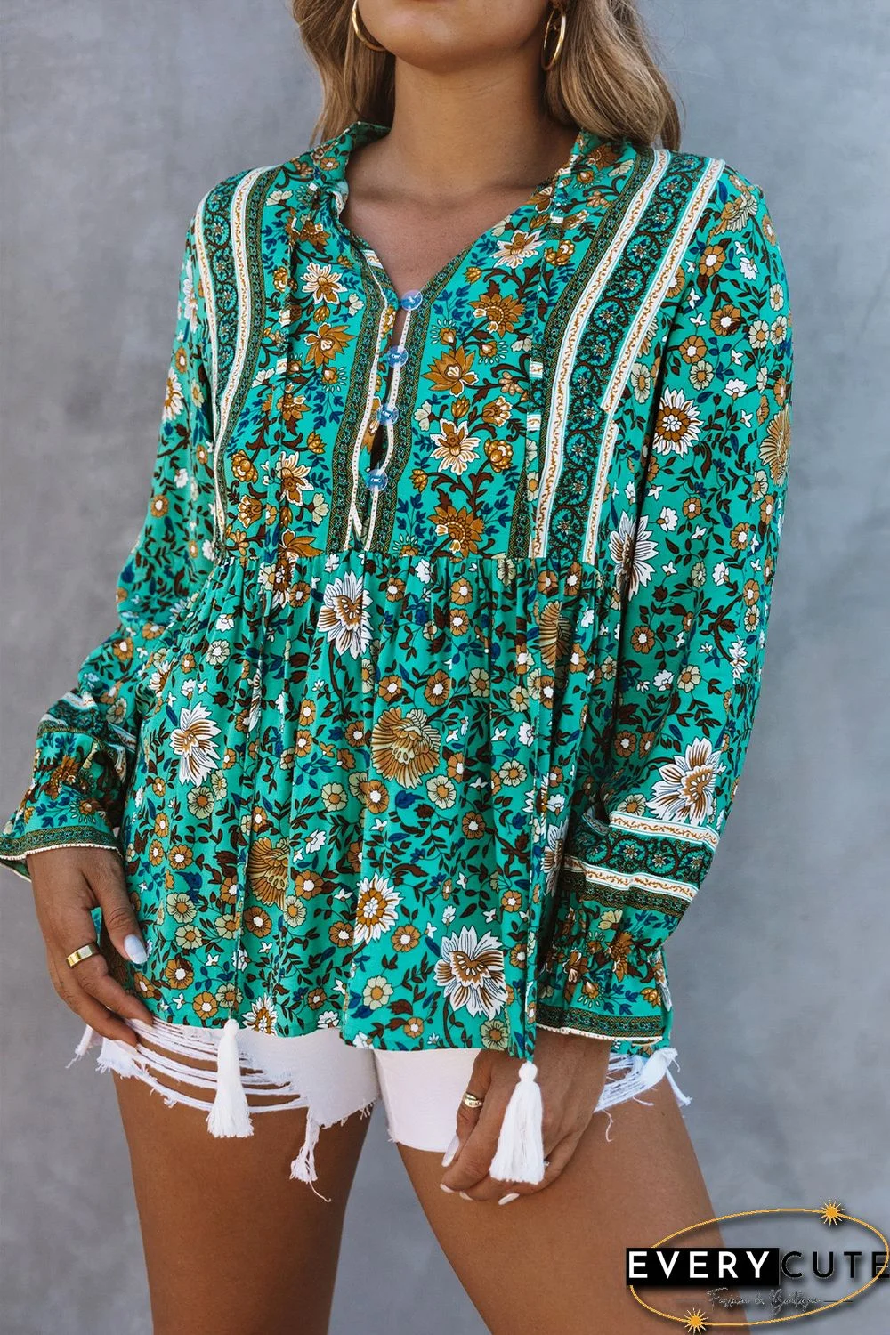 Green Boho Floral Print Peplum Long Sleeve Blouse