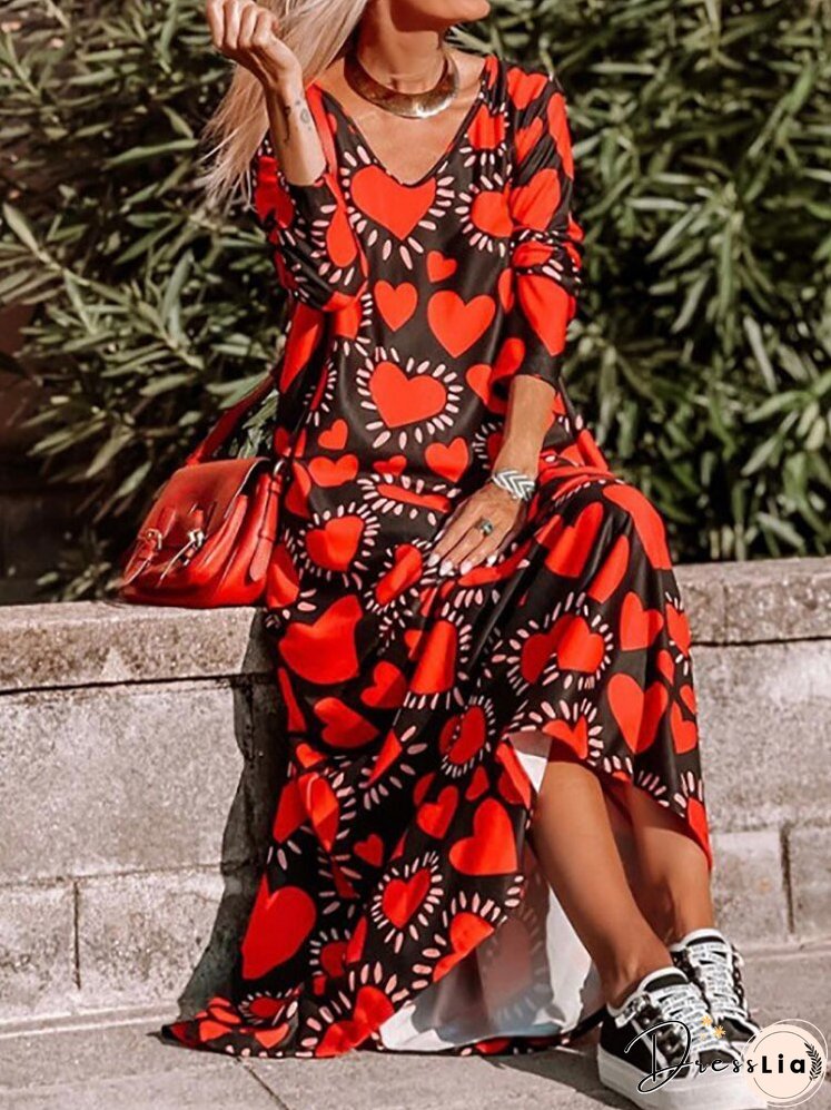 Women Pocket Heart Print Loose Pullover Dress Sexy V Neck Long Beach Dress Spring Summer Long Sleeve Maxi Party Dresses Vestidos