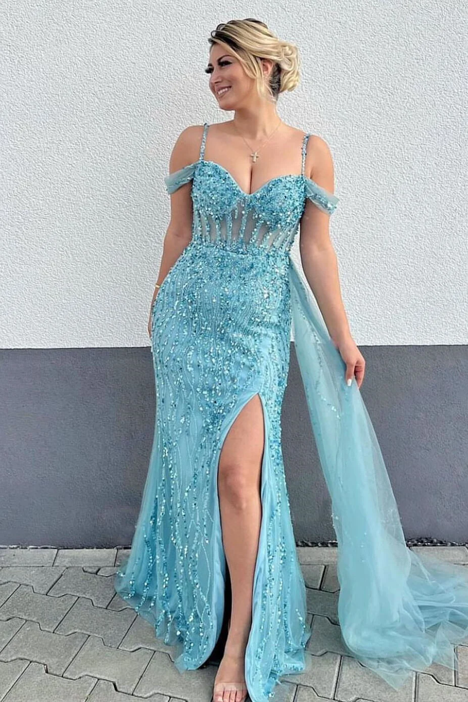 Classy Off-the-Shoulder Mermaid Blue Evening Dress With Appliques Beads Front Slit - lulusllly