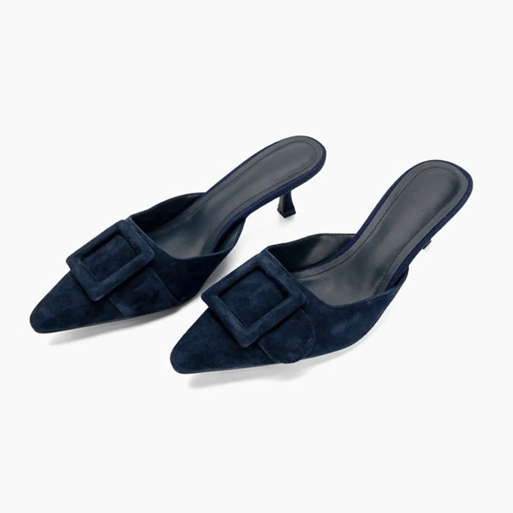 Simple Navy Pointed Toe Buckle Decor Kitten Heel Mules for Women