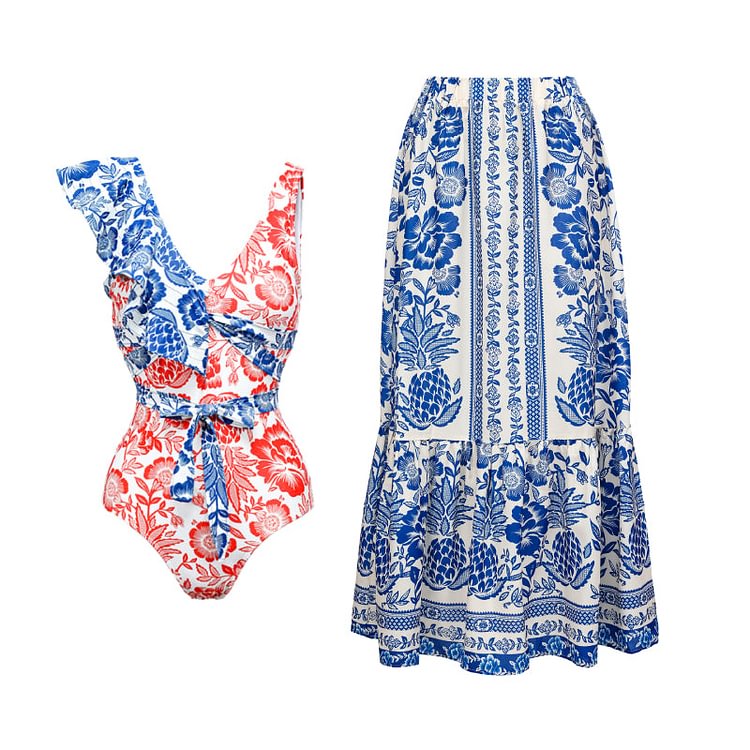 Flaxmaker Red Blue Floral Printed Swimsuit and Skirt