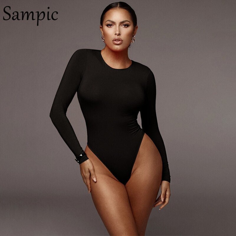 Sampic Casual Skinny Fashion Outfit Woman Black Red Bodysuits Tops Long Sleeve Warm O Neck Short Rompers Autumn Winter