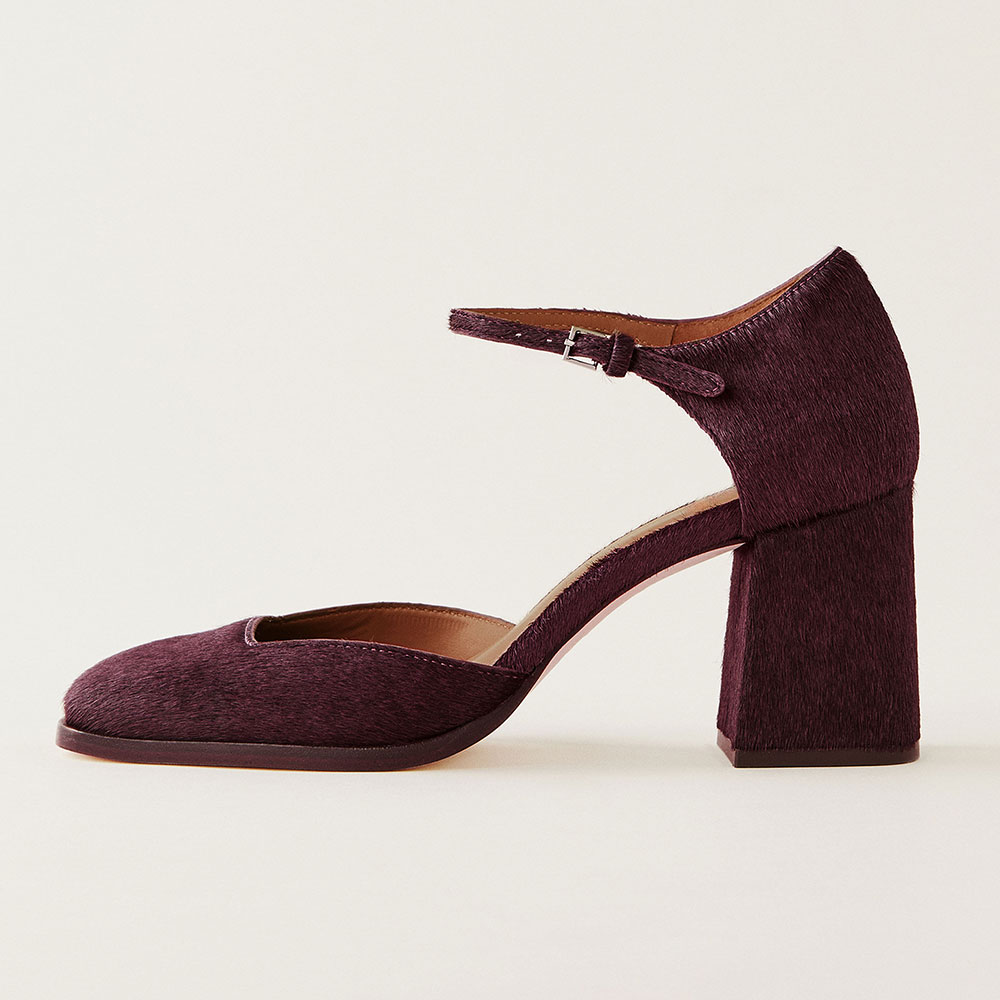 Maroon Faux Fur Block Heel Buckle Strappy Closed Toe Pumps for Women Nicepairs