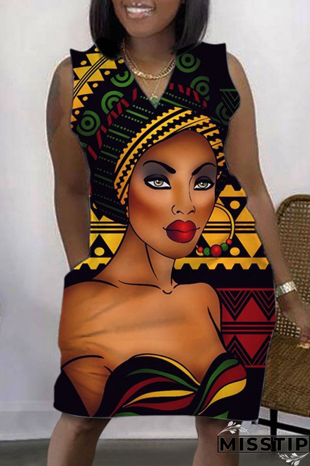 Cyan Casual Print Basic V Neck Sleeveless Dress Dresses