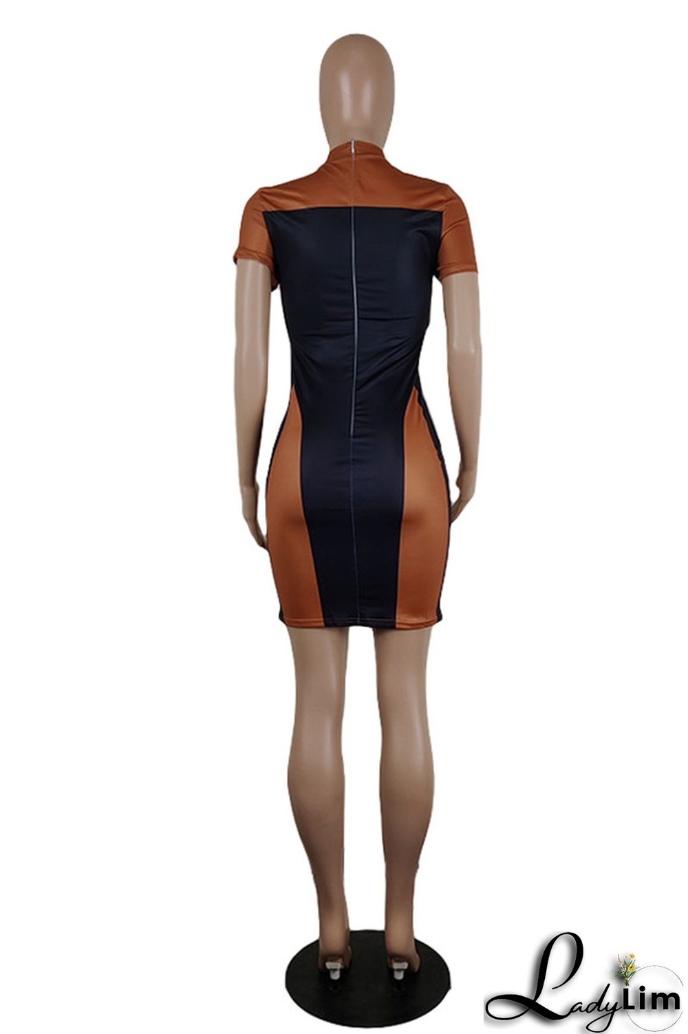 Brown Fashion Casual Patchwork Basic O Neck Short Sleeve Dress Dresses