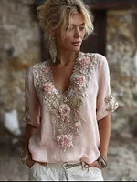 Vintage Boho Pink Roses Embroidered V Neck Linen Tunic