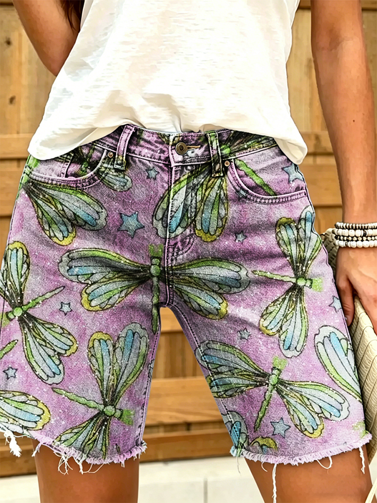 Women's Retro Dragonfly Art Print Casual Washed Cotton Denim Shorts