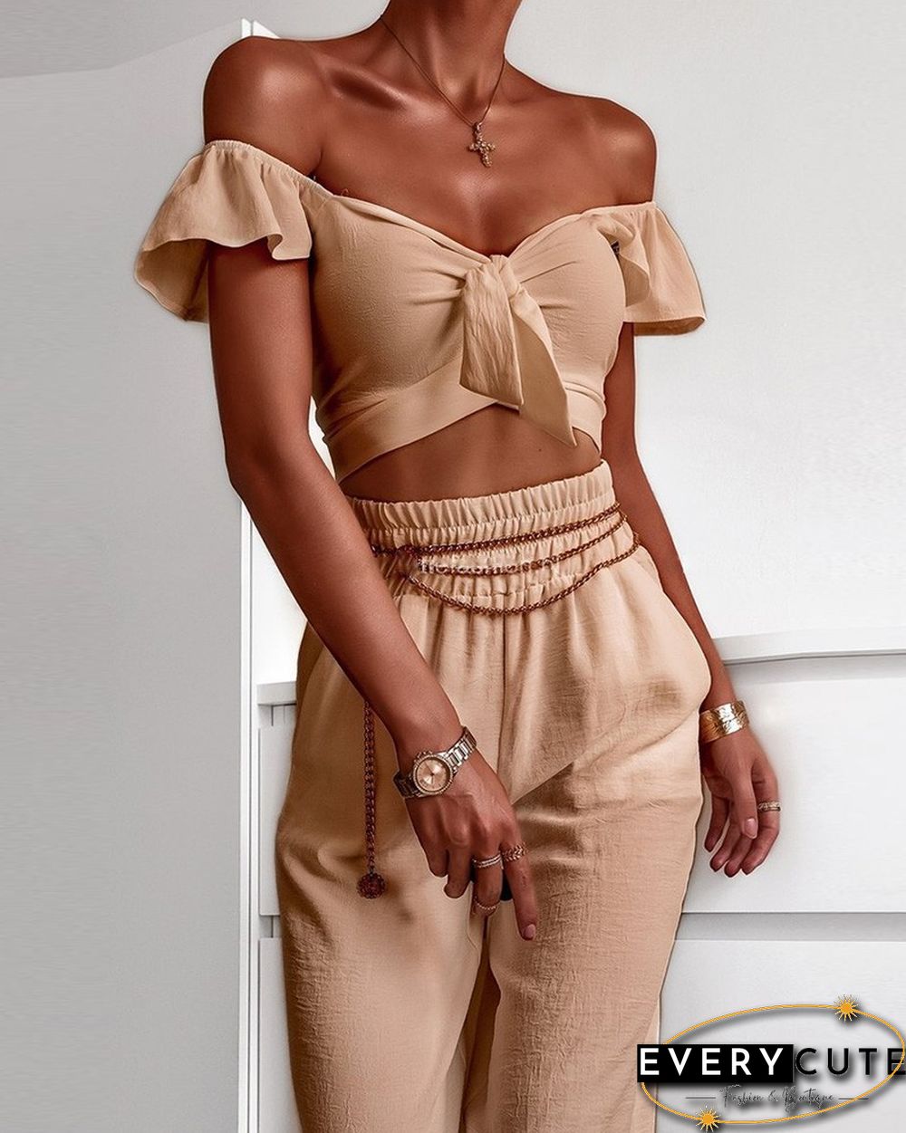 Off Shoulder Ruffles Top & Wide Leg Pants Set