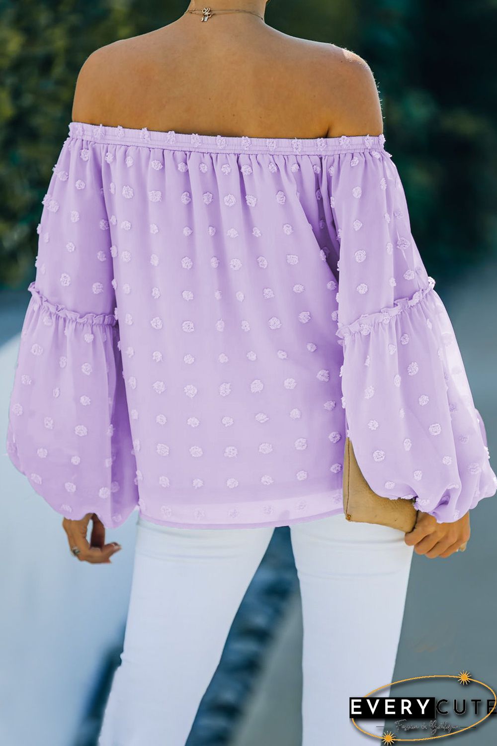 Purple Swiss Dot Off The Shoulder Blouse