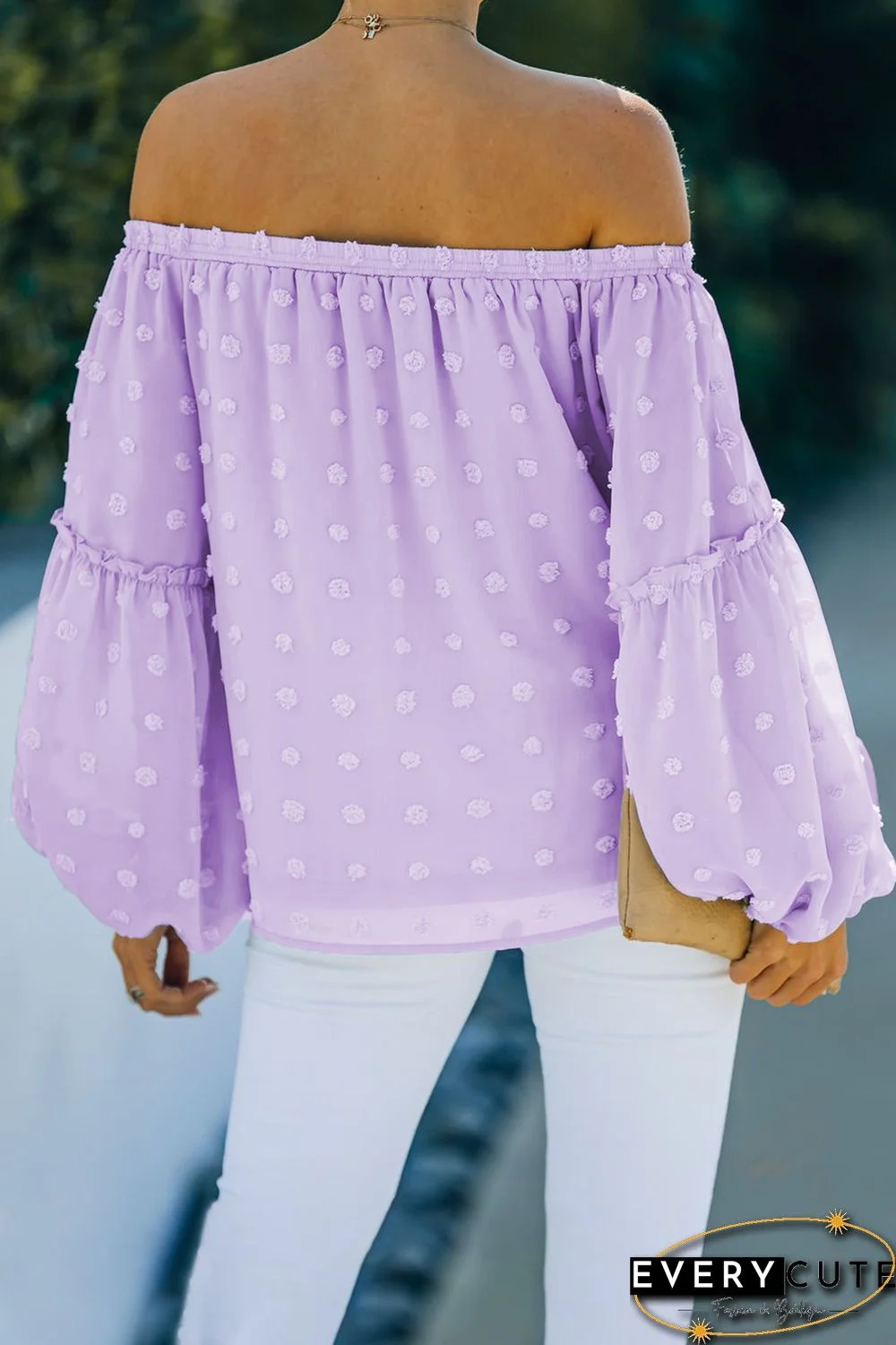 Purple Swiss Dot Off The Shoulder Blouse