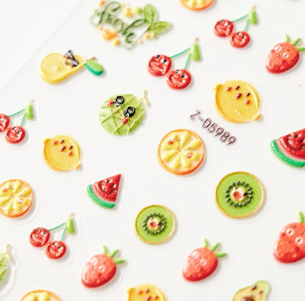 Churchf Embossed Cartoon Stickers 5D Korean Cute Fruit Ice Cream Cake Nail Decals Self Adhesive Back Adhesive Slider Nail Deco FK-6-Nail Inspo