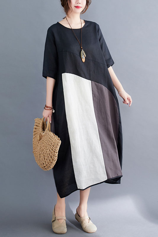 Plus Size-Summer Loose Colorblock Cotton Linen Dress