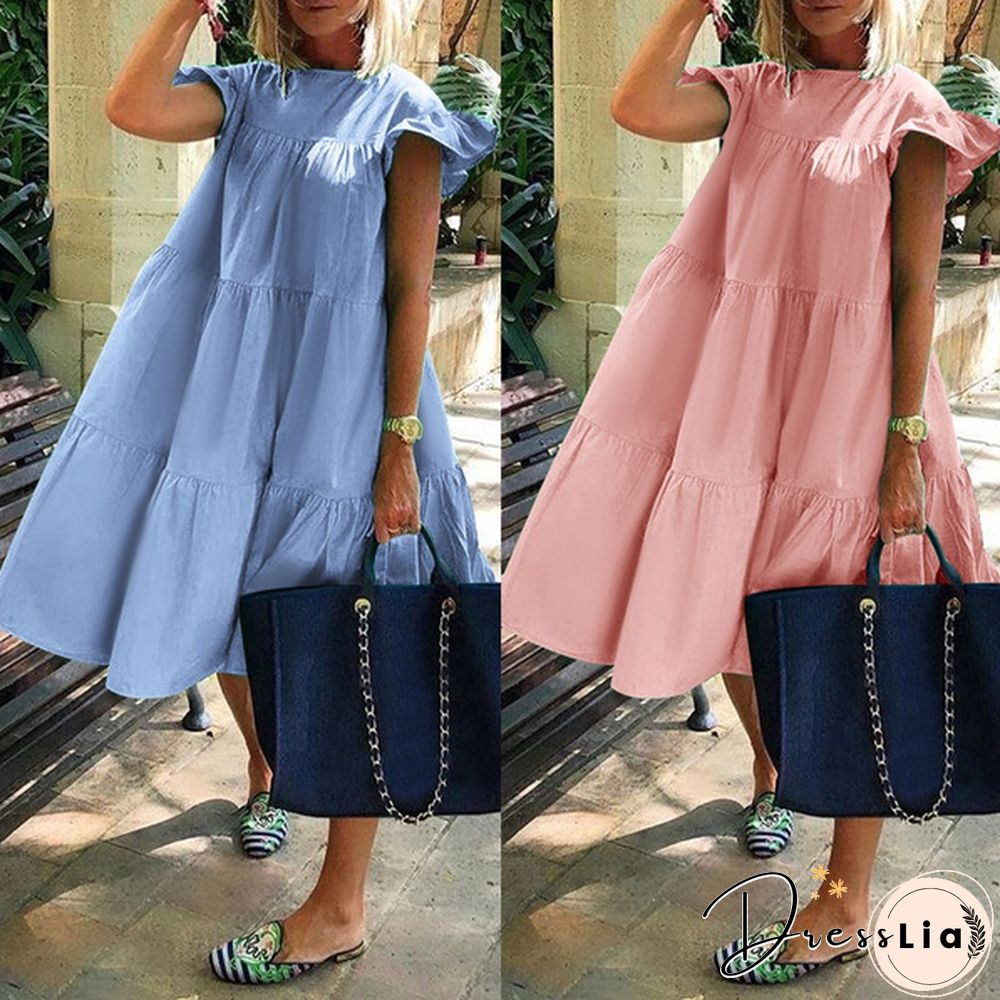 Summer Women Short Sleeves Long Dress Ruffled Pleated Party Casual Baggy Cotton Linen Midi Dresses Plus Size