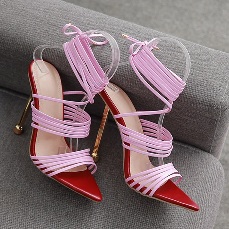  Women Sandals Rome Cross Lace Up Pointed Toe Stiletto Ankle Strap Party Shoes Women Sexy Sandals Big Size 42