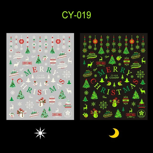 Nail Stickers Back Glue Fluorescent Light Christmas Elk Christmas Tree Designs Nail Decal Decoration Tips For Beauty Salons