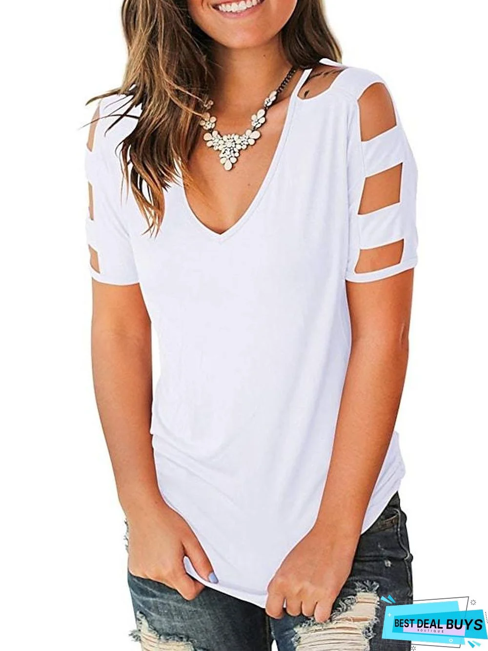 T-Shirts Cute Rayon Tops Cut Out Shoulder Tees Blouses