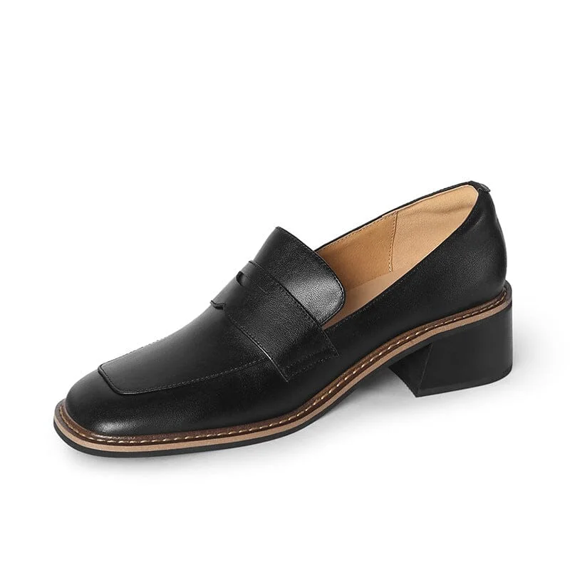 Retro Leather Penny Loafers for Women Square Toe Mid Heel