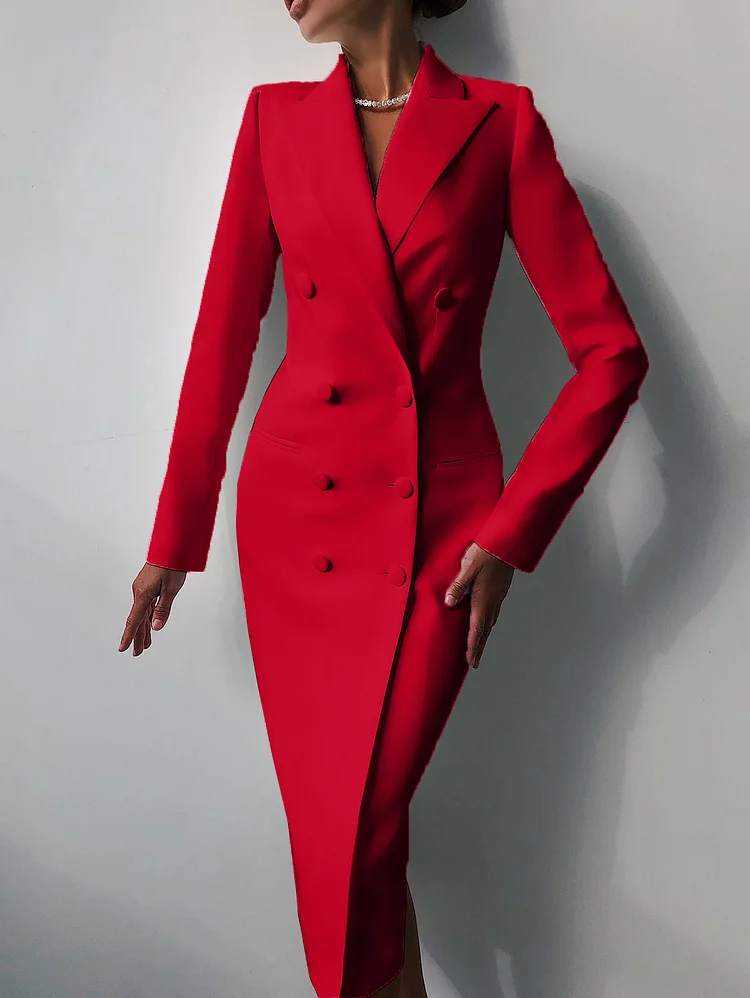 Formal Peak Lapel Double Breasted Long Sleeve Blazer Midi Dress