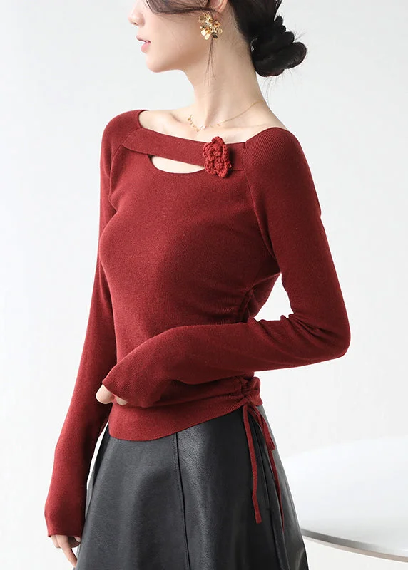 Classy Red Cinched Hollow Out Floral Knit Shirts Winter