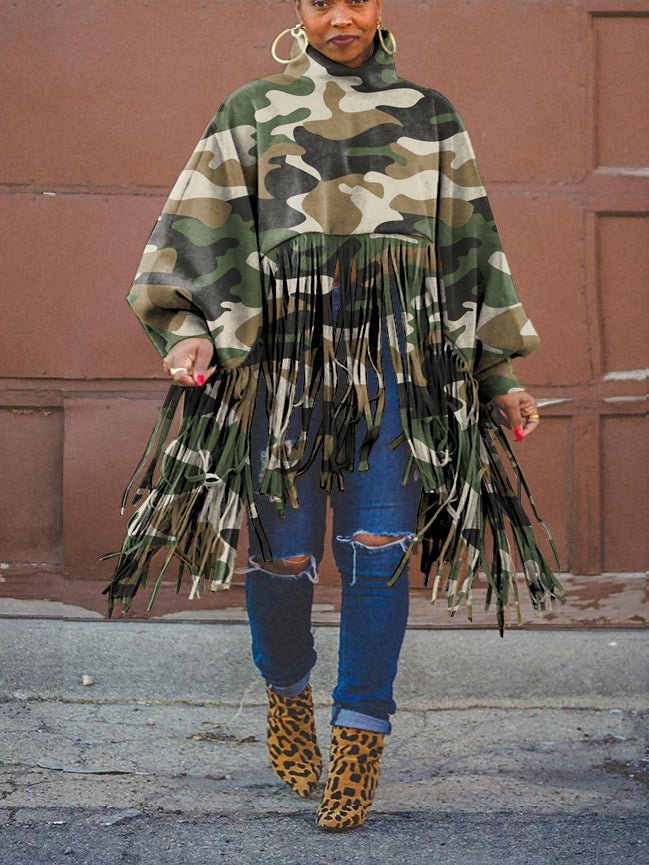 Fashion print long sleeve tassel top