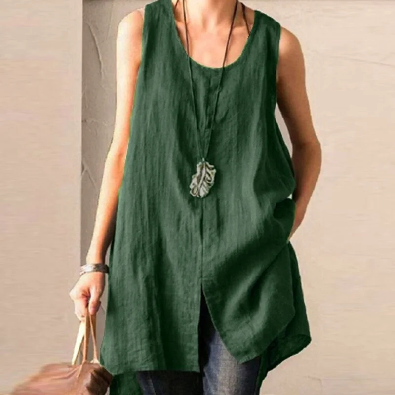 Women's Split Blouse 2022 ZANZEA Elegant Casual Tops Solid O Neck Cotton Blusas Female Sleeveless Shirts Summer Tunic