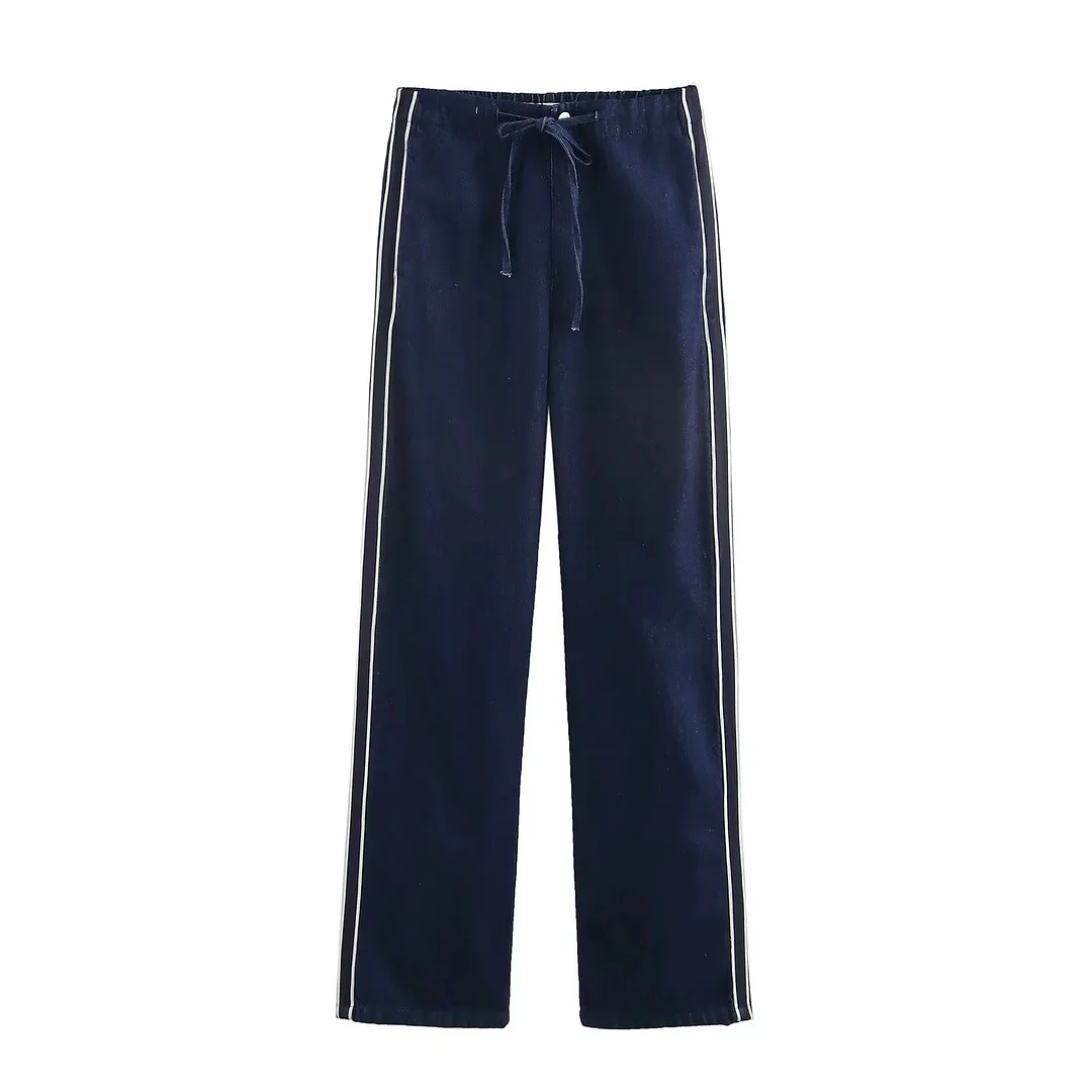 Nigikala Nigikala Women's INS Explosion Fashion Casual Splicing Striped With Denim Jacket + Trousers Set