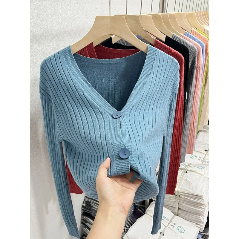 Uveng Uveng Knitted V-Necked Cardigan Trend New Thin Shirt Sweater Coat Short Top Female