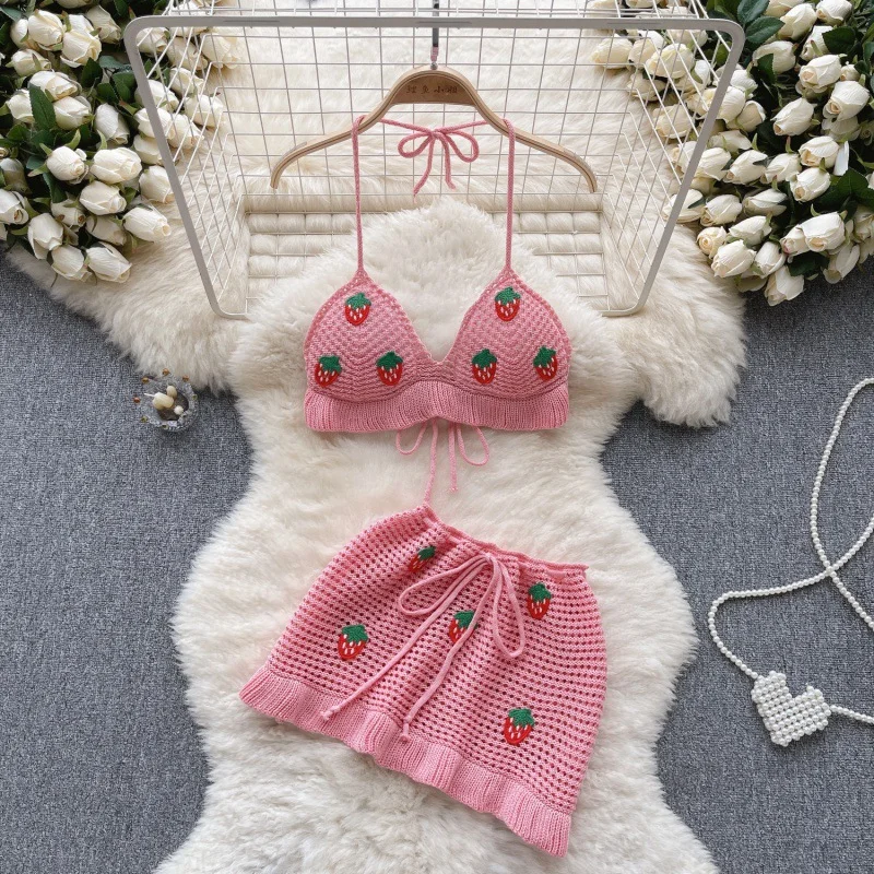 Zingj Zingj Vacation Wind Hollow Out Hook Flower Knit Suit Female Sweet Hanging Neck Condole Belt Vest High Waist Miniskirt Two Sets