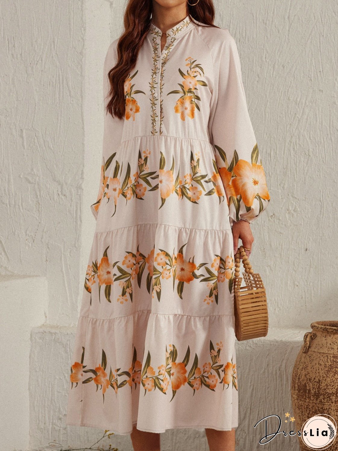 Printed Long Sleeve Midi Dress