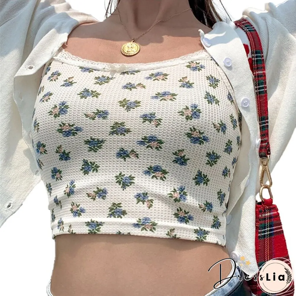 Womens Floral Camisole Y2k Lace Slim Backless Sleeveless Crop tops Kawaii Korean Fashion