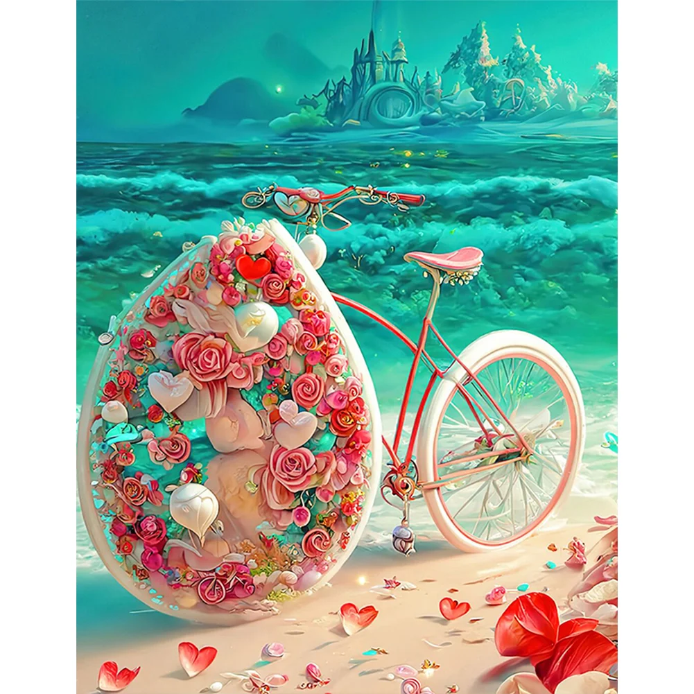 Full Round Diamond Painting 30*40cm - Beach Romantic Rose Bicycle